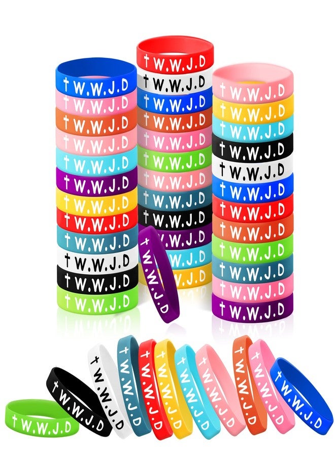 MATEPLUS 48Pcs WWJD Silicone Bracelets for Kids, 12 Colors What Would Jesus Do Rubber Bracelet Bulk Motivational Religious Christian Wristands for Party Church School - Image 1